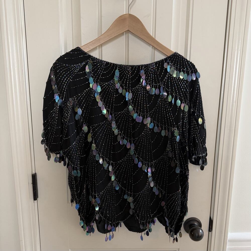 Vintage Shomax 100% Silk Irridescent Beaded Sequin Party Top Women’s Size Medium